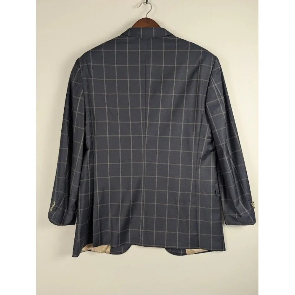 Maceoo Descarte Blazer Mens 38/2 Small Navy Blue Tan‎ Windowpane Plaid Wool